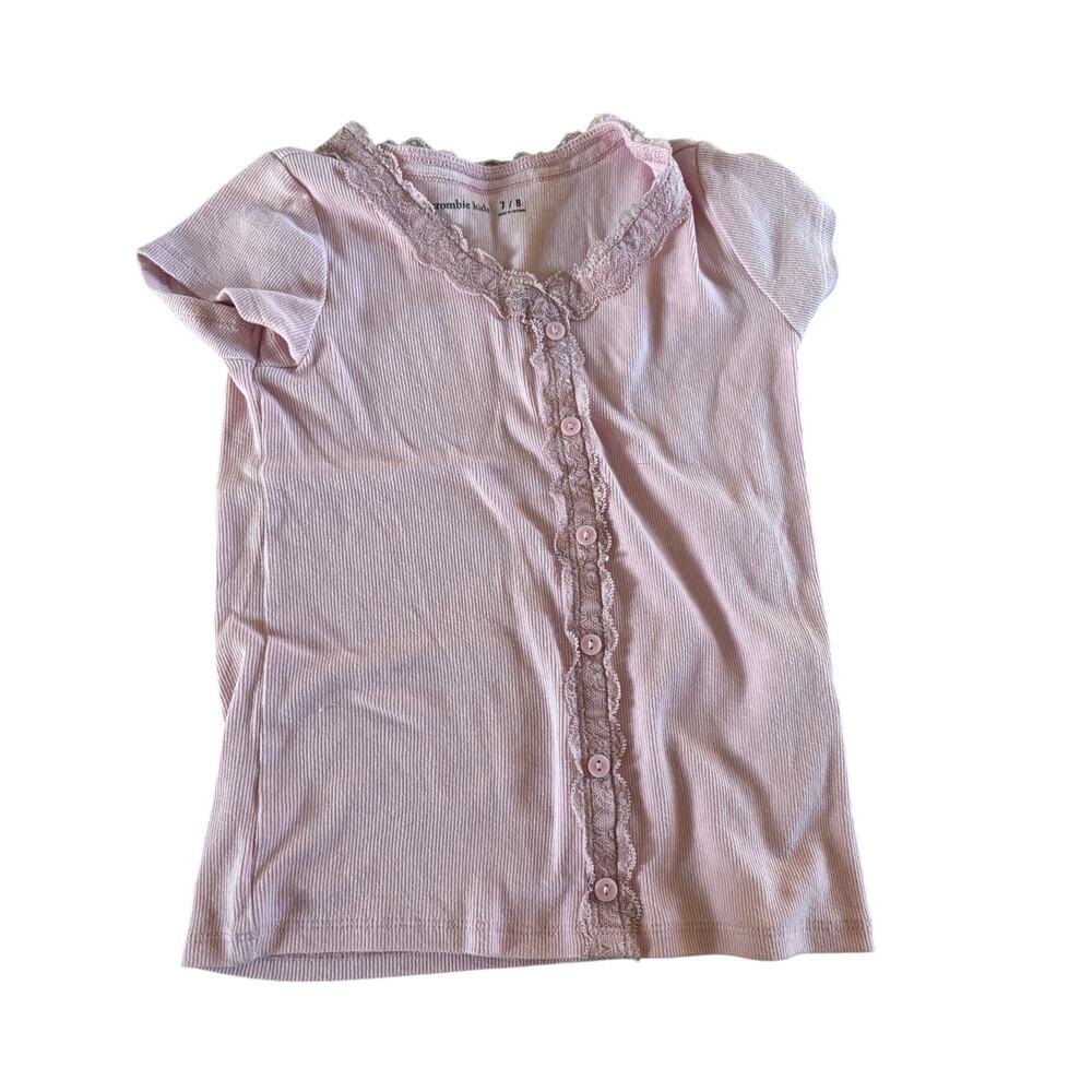 Abercrombie Kids Girls Size 7/8 Pink Ribbed Lace Button Front Short Sleeve Top